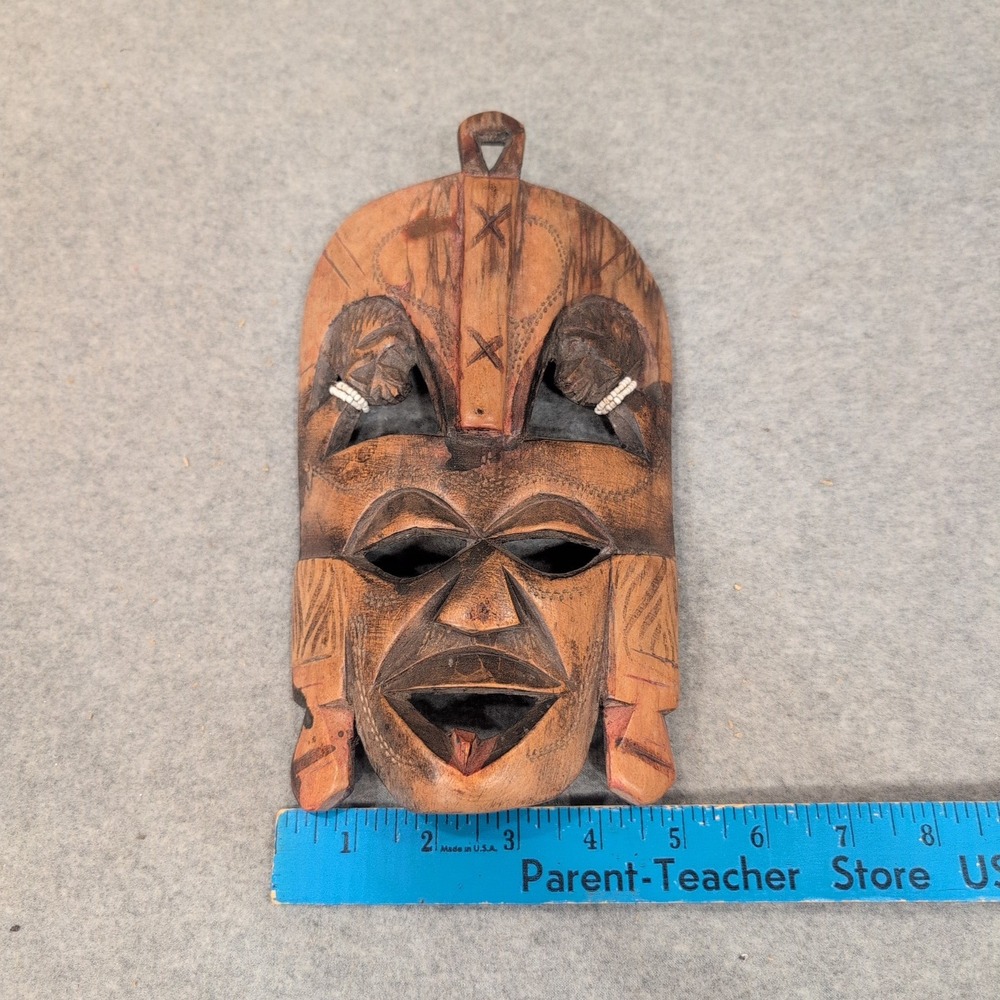 Hand Carved Wooden Tribal Wall Mask with White Bead Accents Brown Decor - Picture 7 of 7